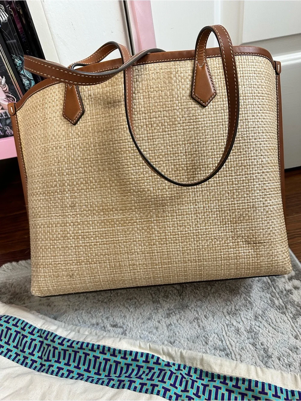 Tory Burch Floral Embroidered Raffia Tote in Brown and Yellow